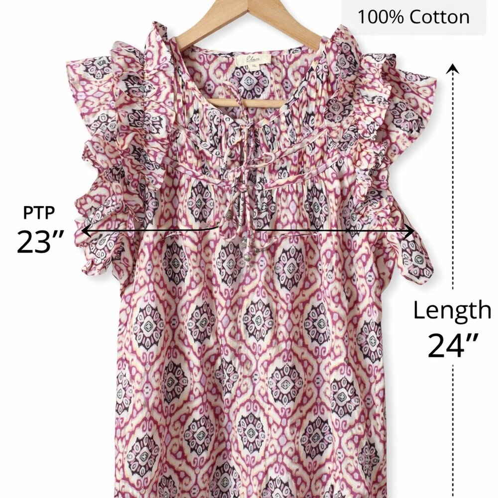 Elan Women’s XL Boho Ikat Print Blouse Ruffle Sleeve Tie Neck Top NWOT